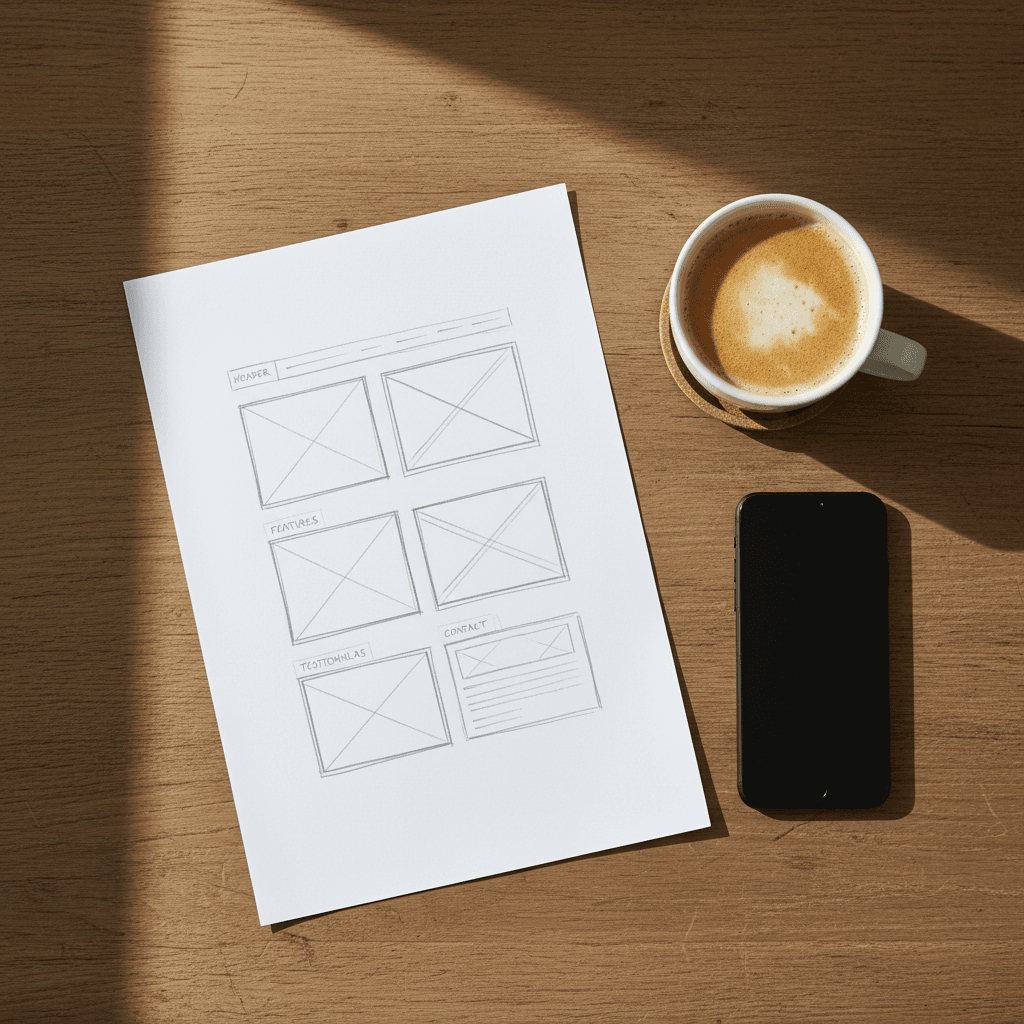 Website sketch on paper with coffee cup