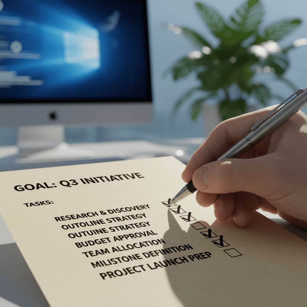 Hand holding pen over a completed checklist on paper in an office
