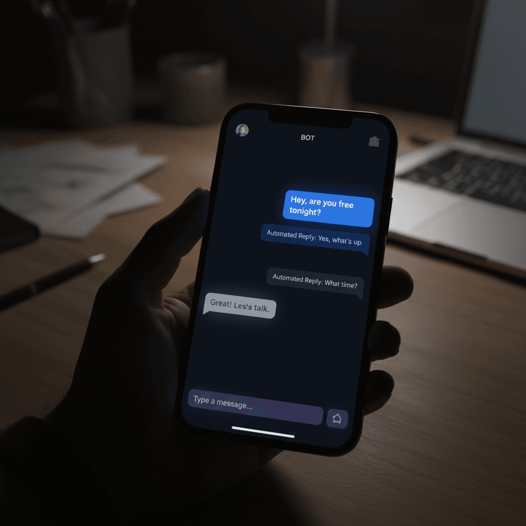 Smartphone displaying an automated chat interface on a desk