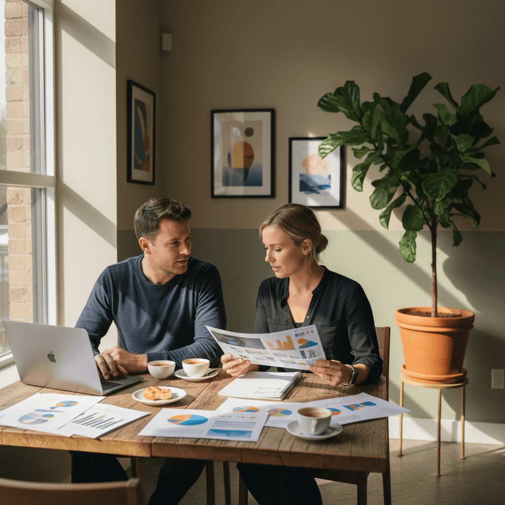 Small business meeting reviewing marketing materials on laptops