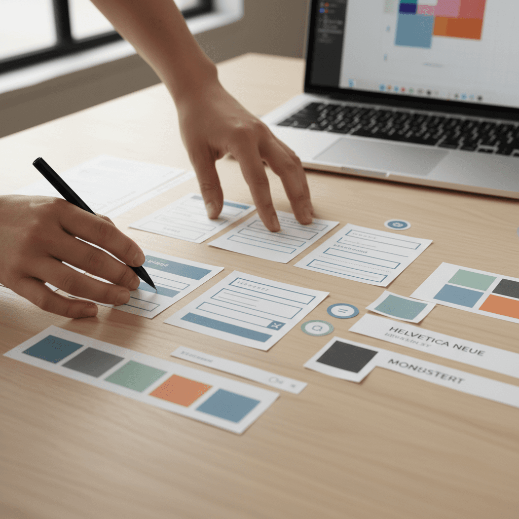 Designer's hands arranging UI wireframes and design components on wooden desk with natural light