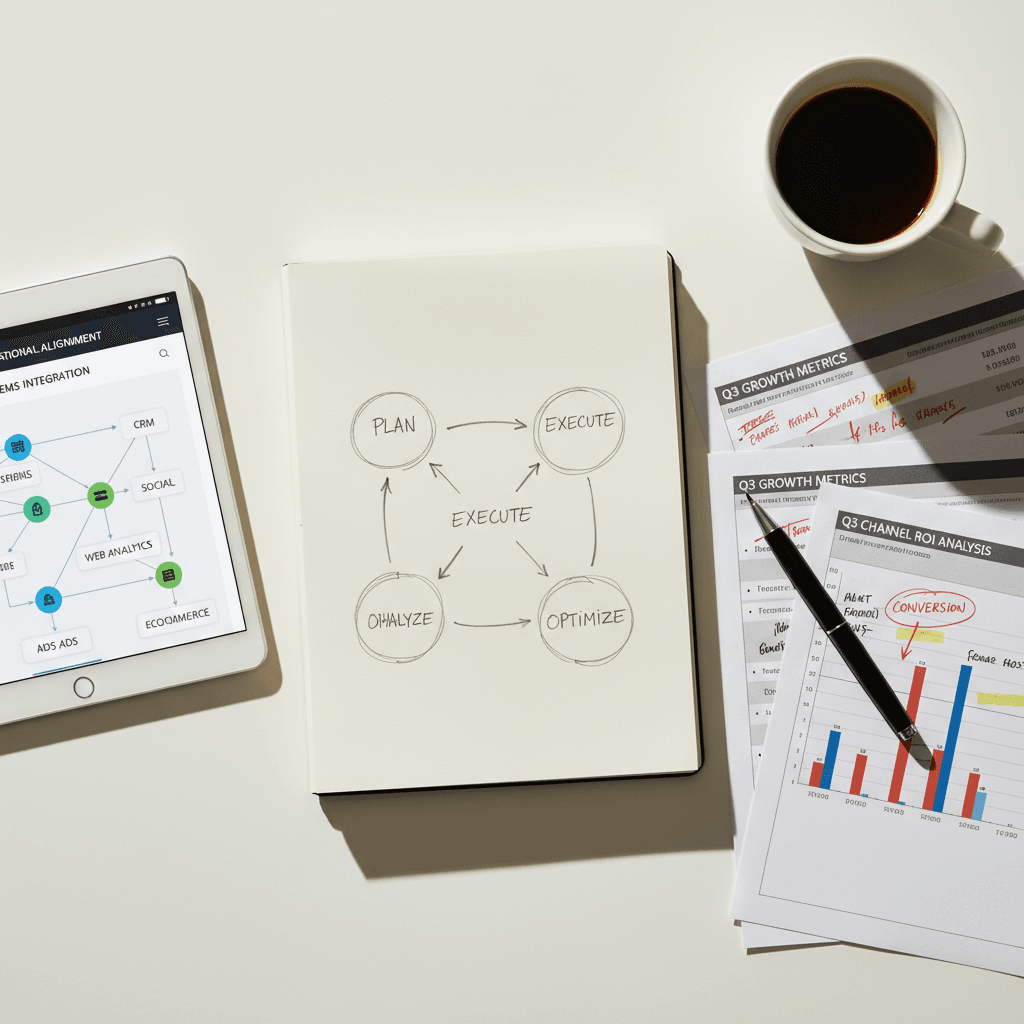 Overhead flat-lay of marketing operations workspace with tablet, notebook sketches, performance reports, and analytical tools arranged on desk