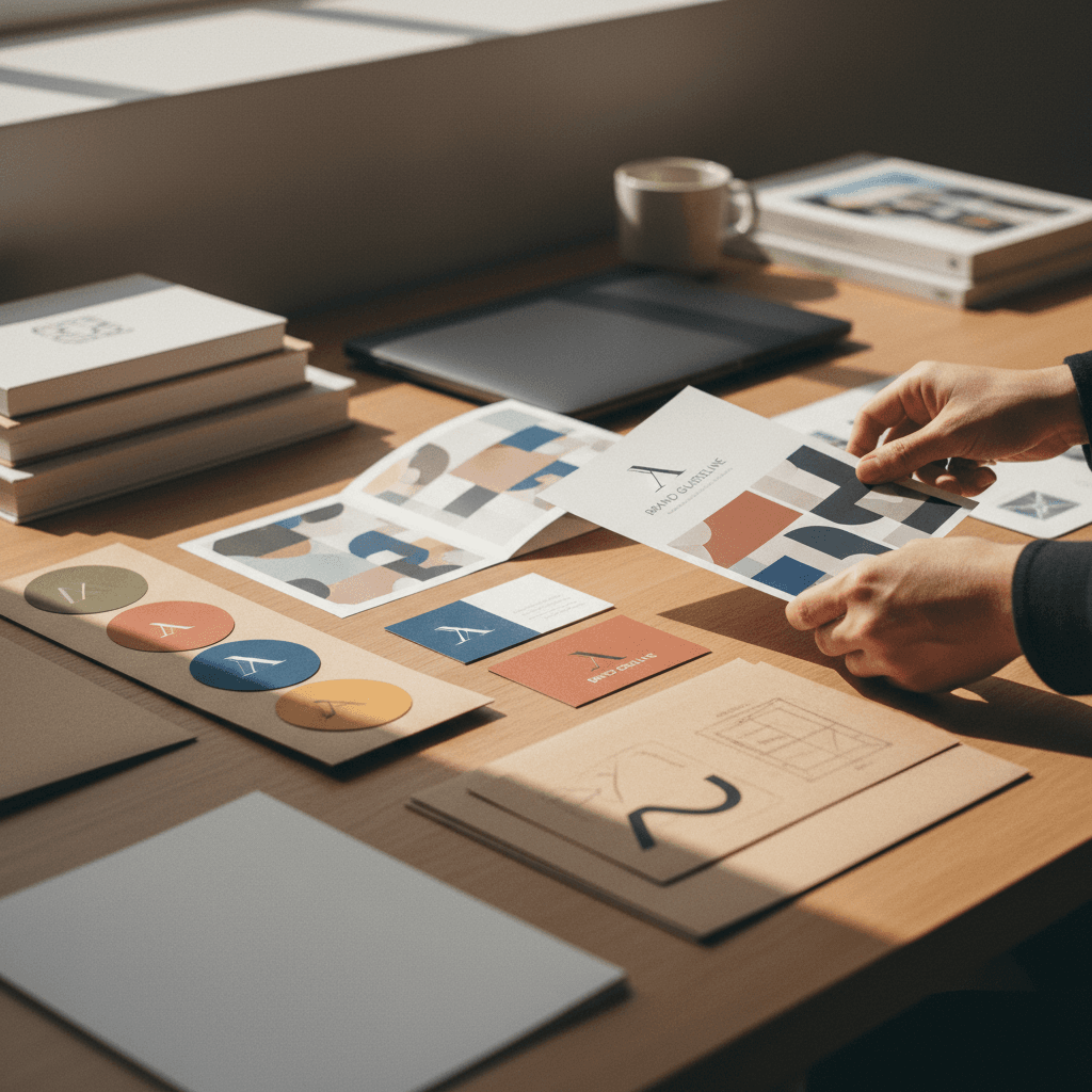 Designer's hands arranging printed logo sketches, color swatches, and business card prototypes on workspace desk