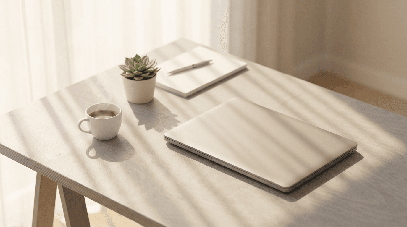 Minimalist desk with laptop and notebook, ready for a new project