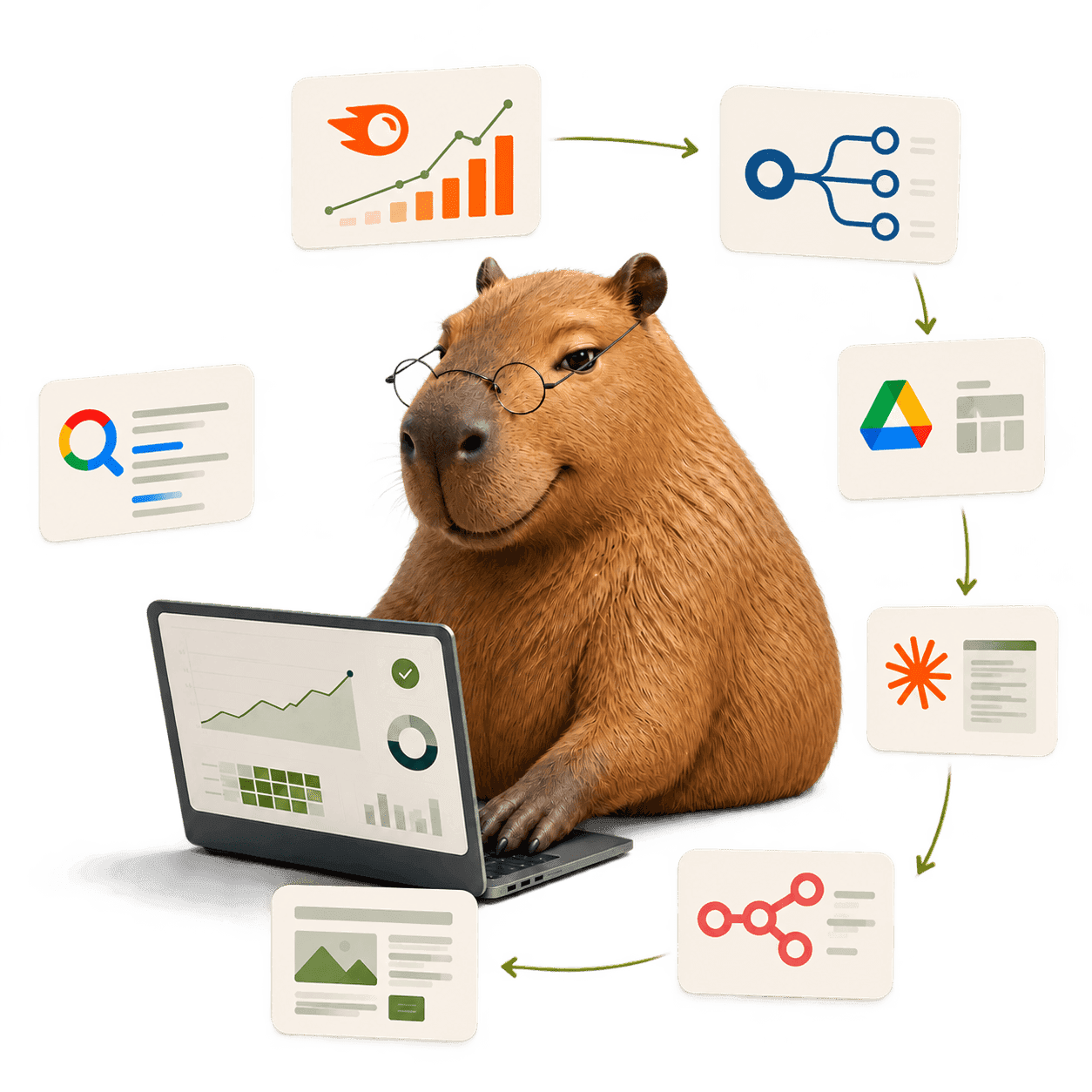 Capybara wearing glasses works on a laptop amidst floating data charts and digital integration icons.