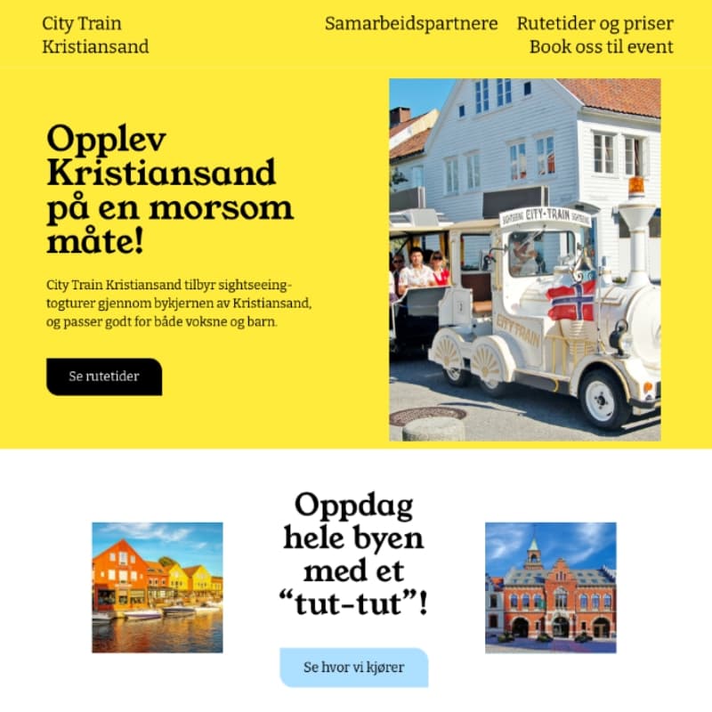 White sightseeing train in Kristiansand driving past wooden houses, with colorful city landmarks pictured below.