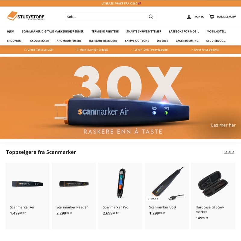 Studystore website displaying a Scanmarker Air banner above a selection of digital scanning pen products.