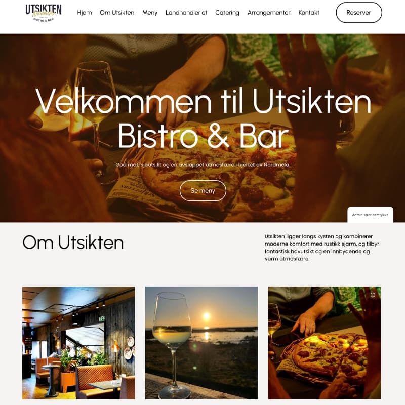 Utsikten Bistro & Bar website homepage featuring pizza, wine, sunset views, and cozy restaurant interior.