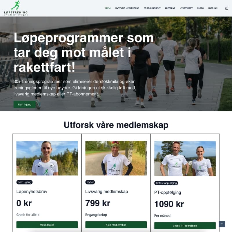 Running training website homepage showing people jogging and various membership options with listed prices.